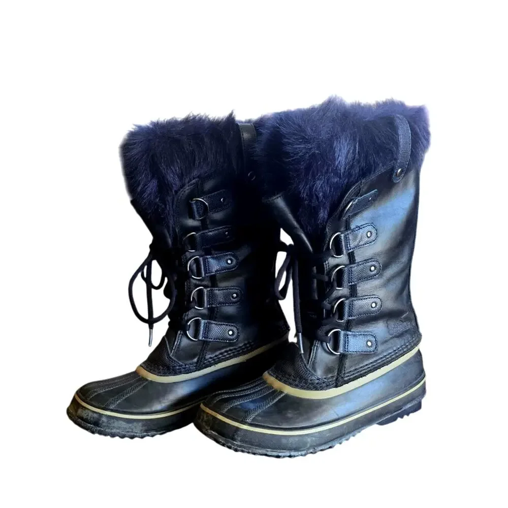 Sorel Joan of Arctic Waterproof Snow Boots Black Blueberry Fur Women 7